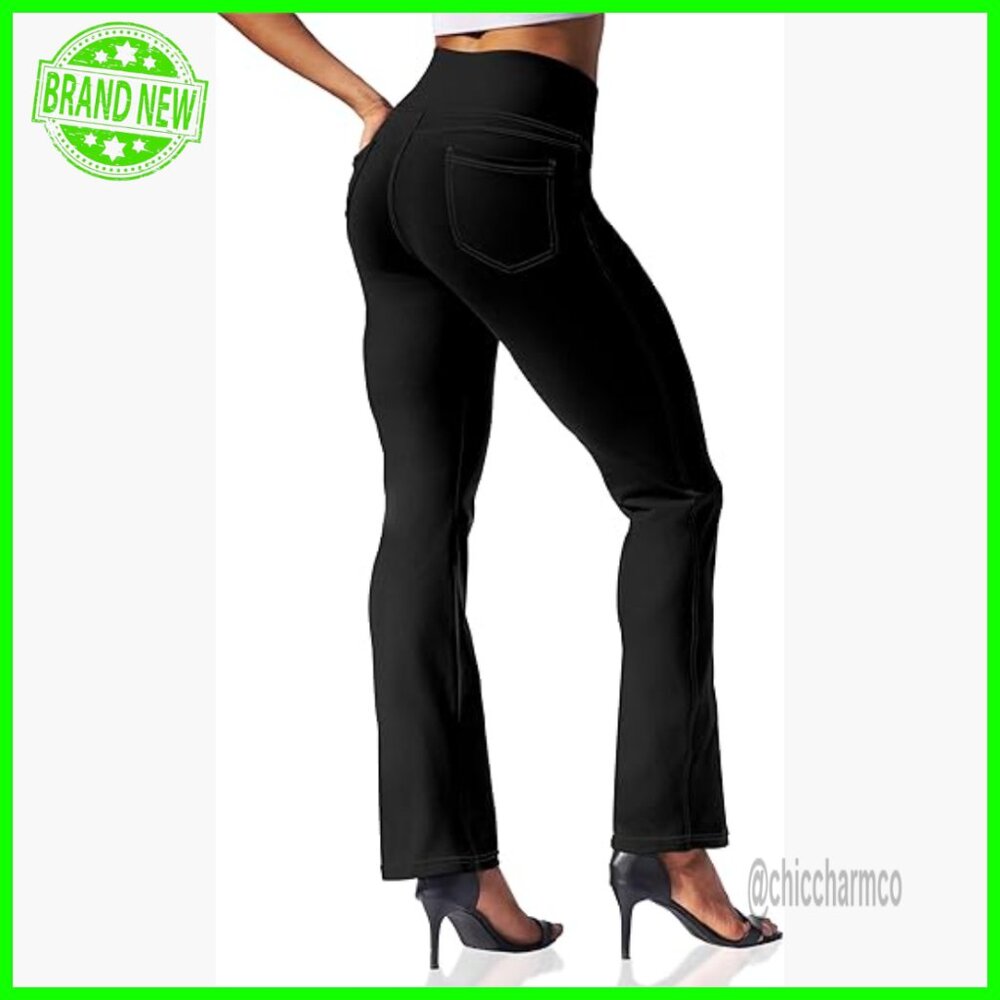 High Waist Flare Leggings with 4 Pockets, Yoga Dress Pants, Tummy Control